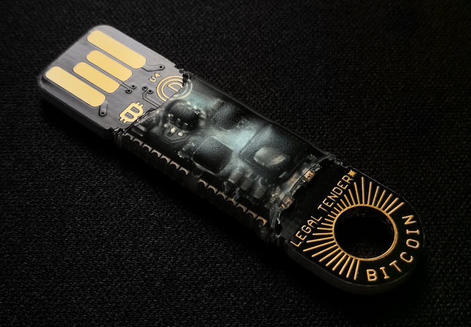 A detailed close-up of a Bitcoin-themed USB device on a black background.