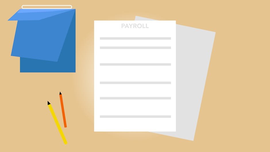 Top view of a payroll document on a desk with pencils and folders, ideal for finance themes.